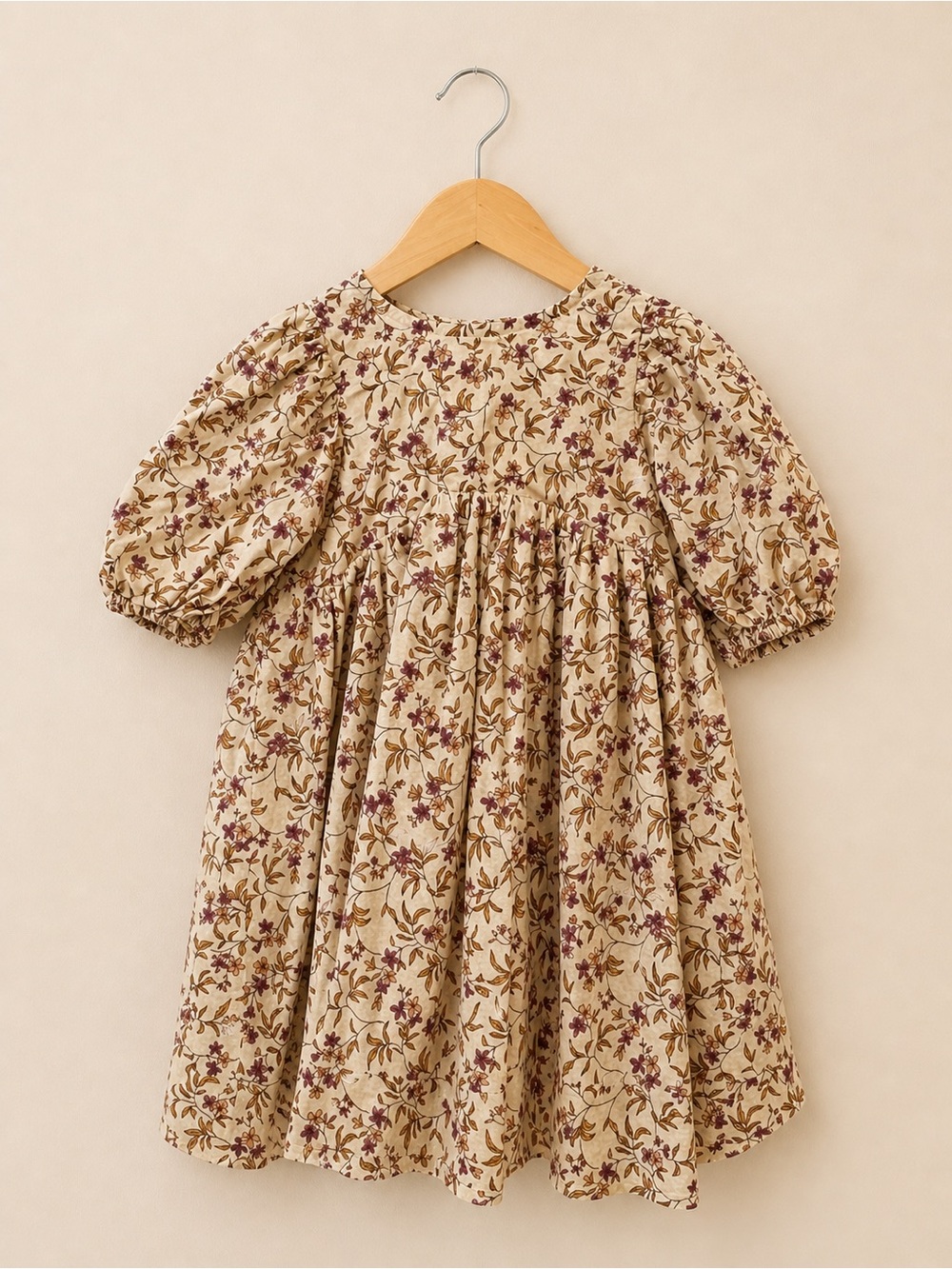 Noralee Girls Floral Dress Size 4 Puff Sleeve Lined Cotton Neutral Vintage Style